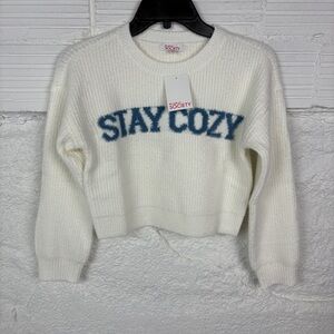 NWT MINI Society White & Blue Crew Neck half cropped STAY COZY Sweater SZ M